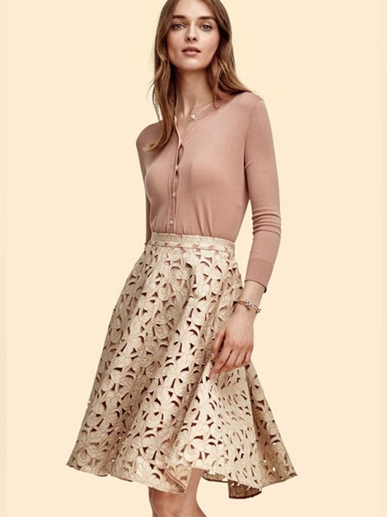 Ann Taylor Dresses & Skirts - Ann Taylor Guipure Beige Blush Pink Flare 100% Cotton Floral Cut Out Knee Skirt